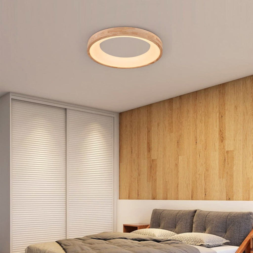Wood Flush Mount Ceiling Light Round Acrylic Fixture for Bedroom