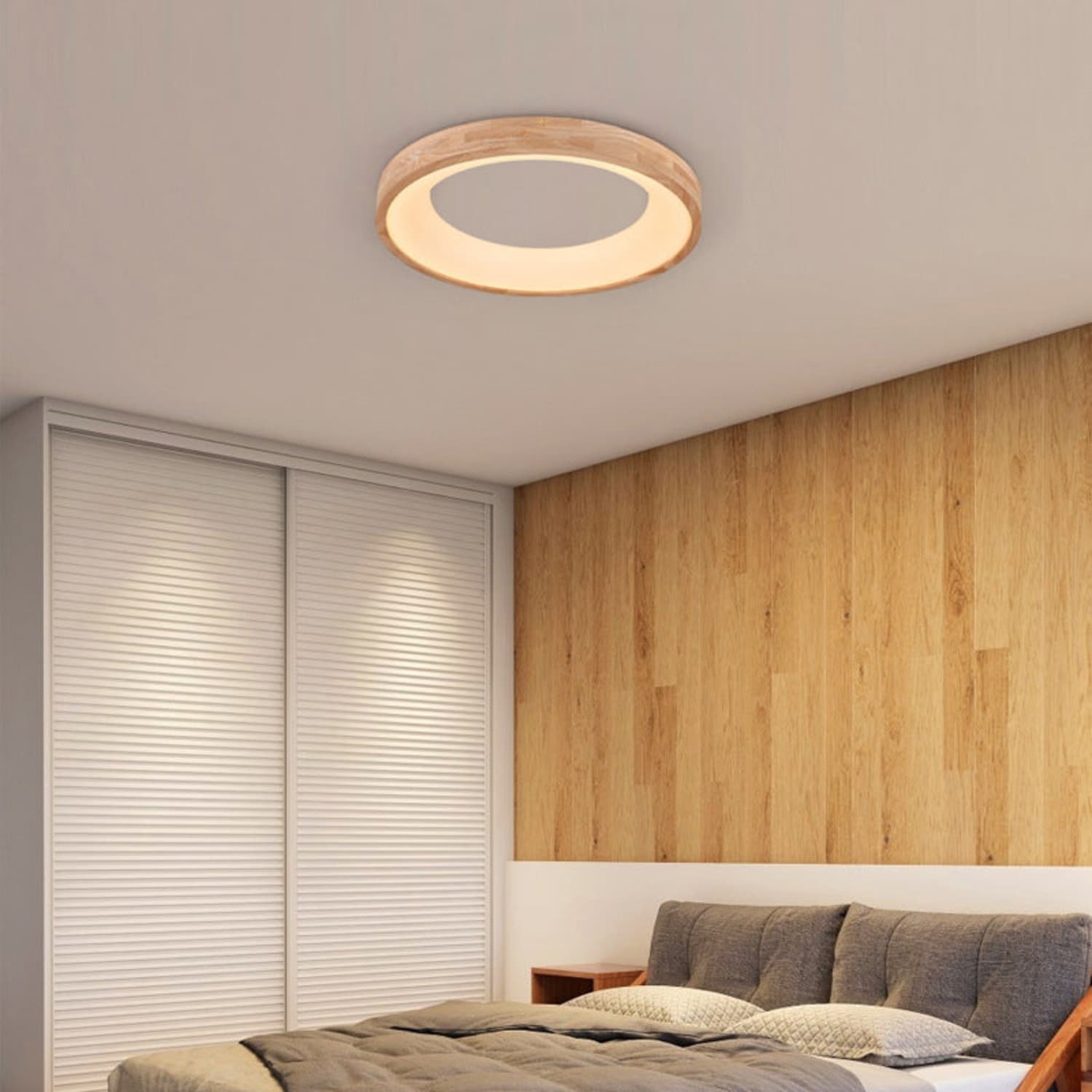 Wood Flush Mount Ceiling Light Round Acrylic Fixture for Bedroom