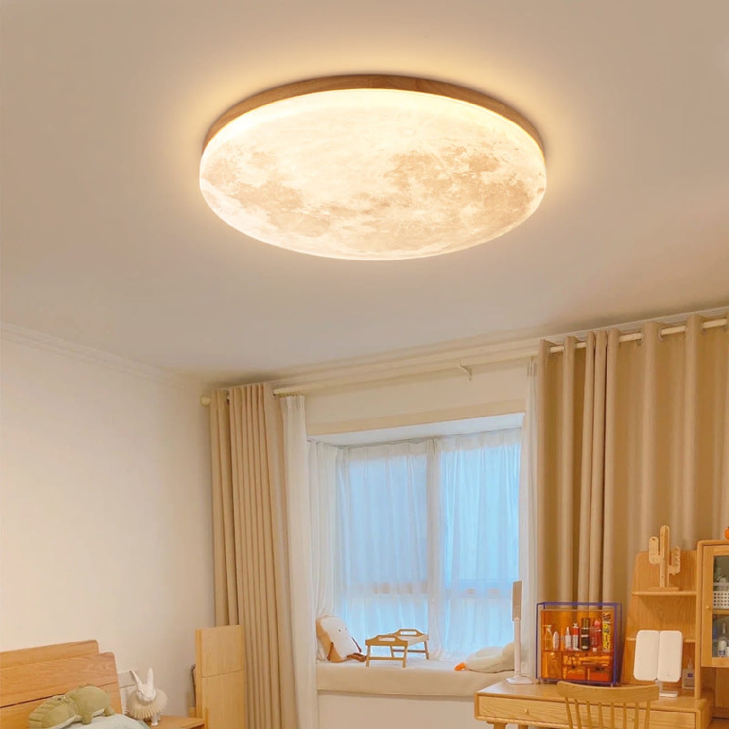 Moon Round Wood LED Flush Mount Ceiling Light