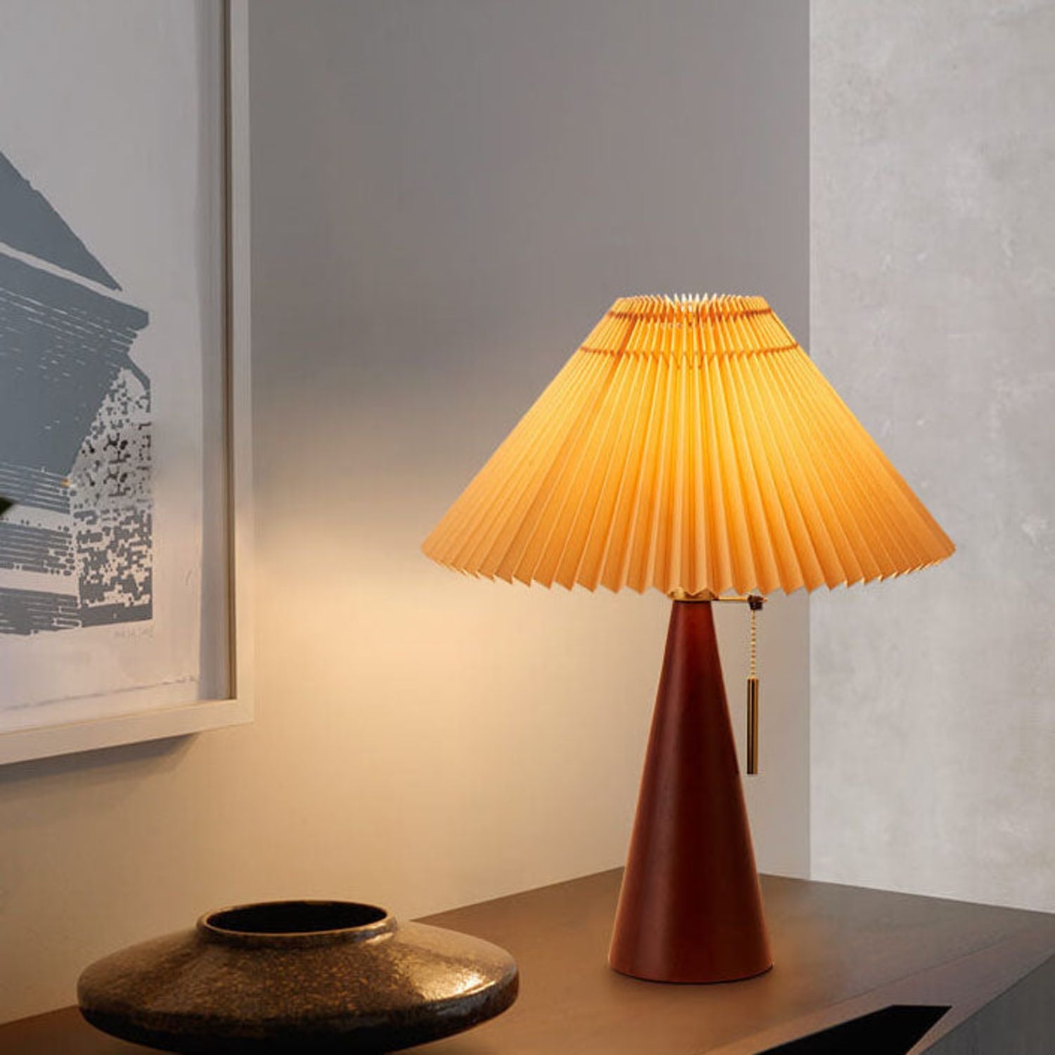 Japanese Pleated Wood Table Lamp for Bedroom