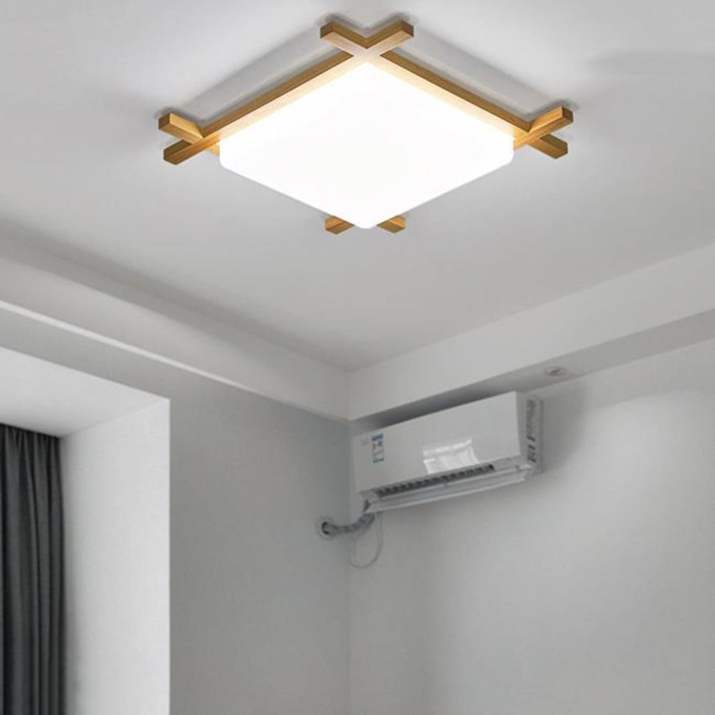 Japanese Wood Square LED Flush Mount Ceiling Light for Bedroom