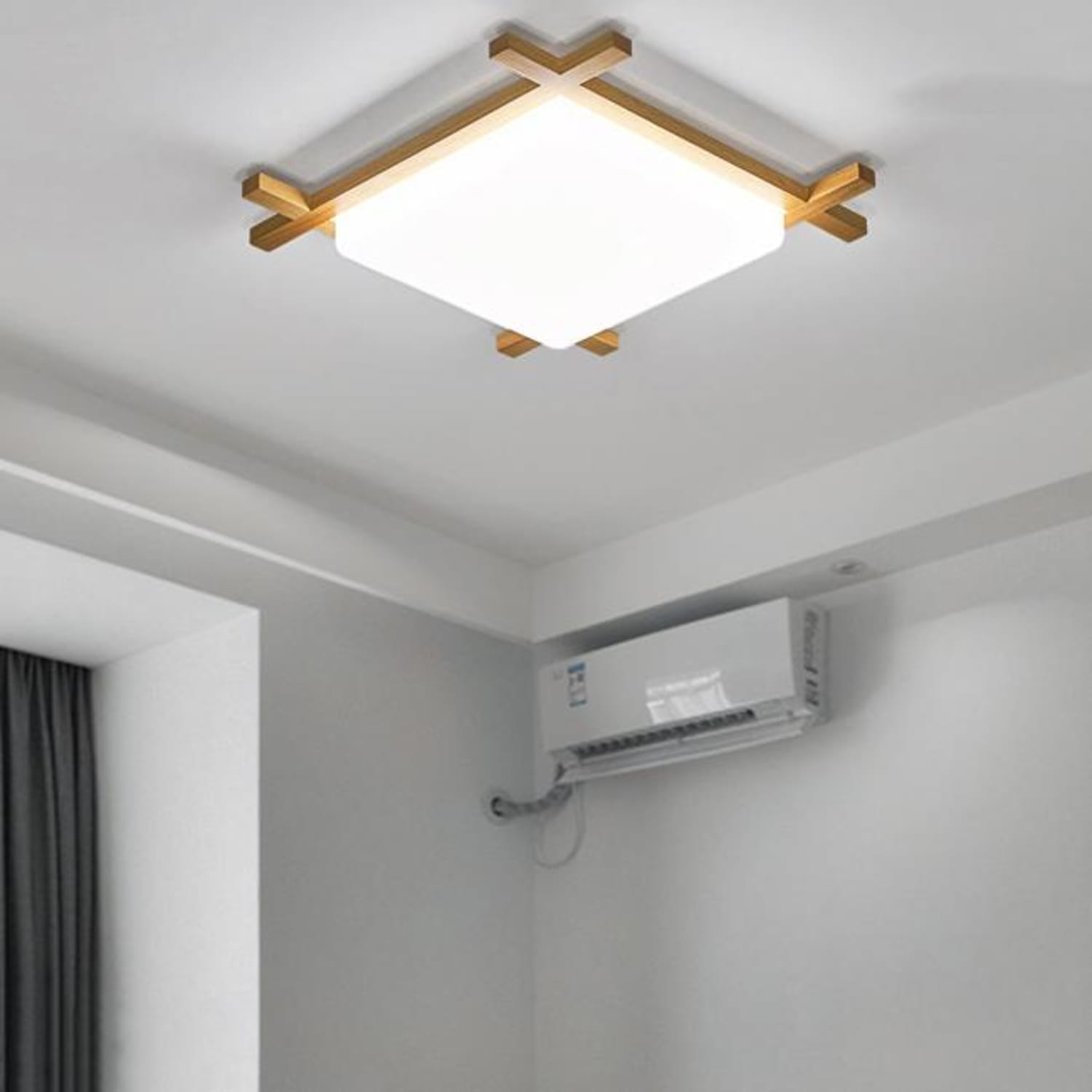Japanese Wood Square LED Flush Mount Ceiling Light for Bedroom