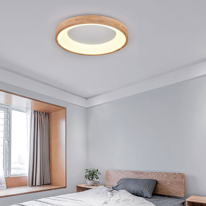 Wood Flush Mount Ceiling Light Round Acrylic Fixture for Bedroom