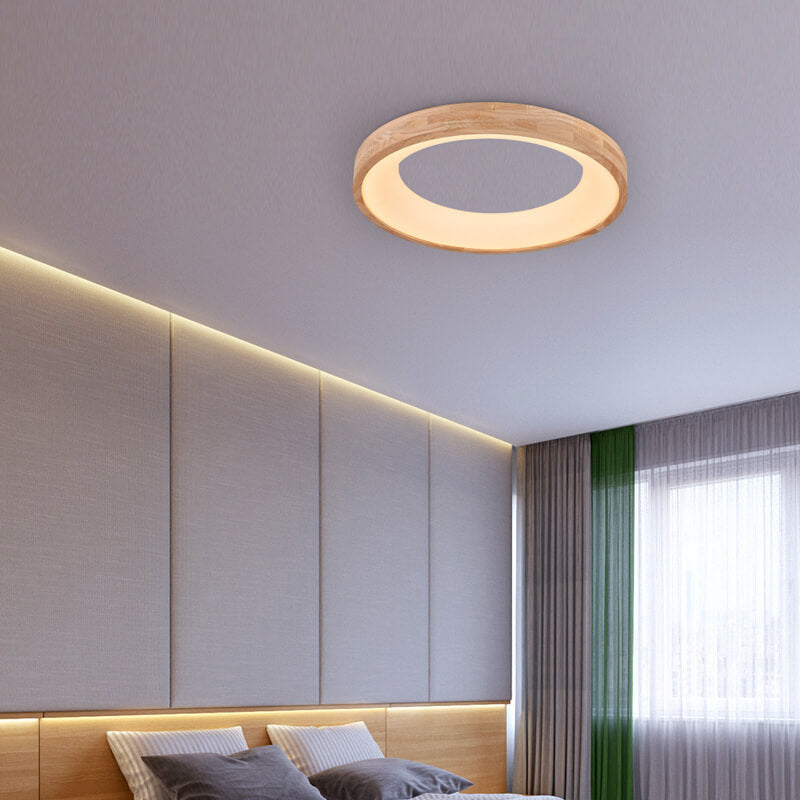 Wood Flush Mount Ceiling Light Round Acrylic Fixture for Bedroom