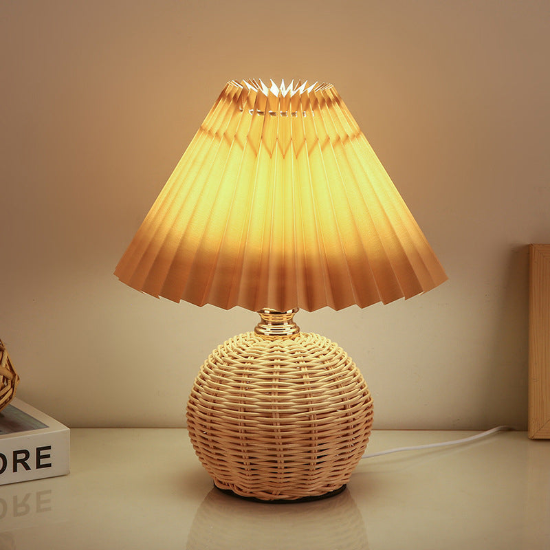 Pleated Rattan LED Table Lamp for Bedroom