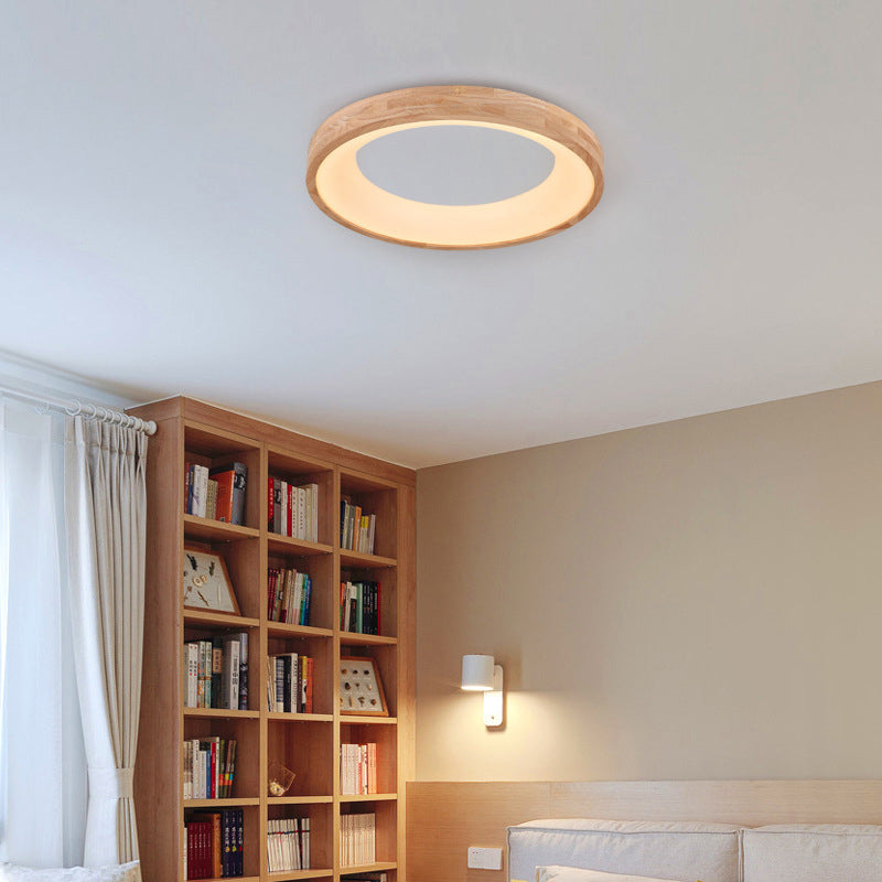 Wood Flush Mount Ceiling Light Round Acrylic Fixture for Bedroom