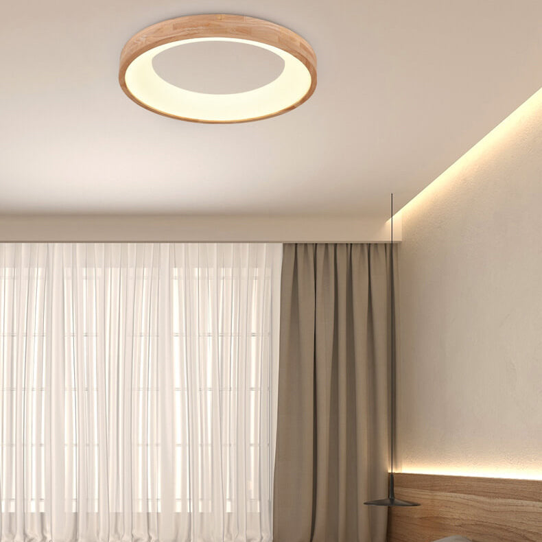 Wood Flush Mount Ceiling Light Round Acrylic Fixture for Bedroom