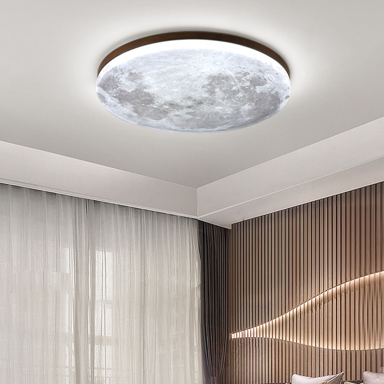 Moon Round Wood LED Flush Mount Ceiling Light
