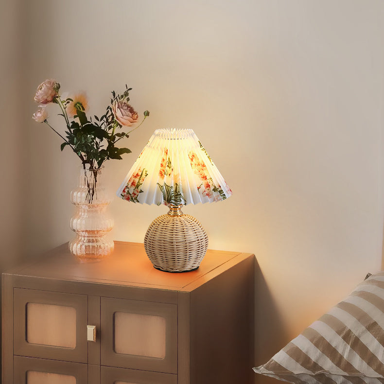 Pleated Rattan LED Table Lamp for Bedroom
