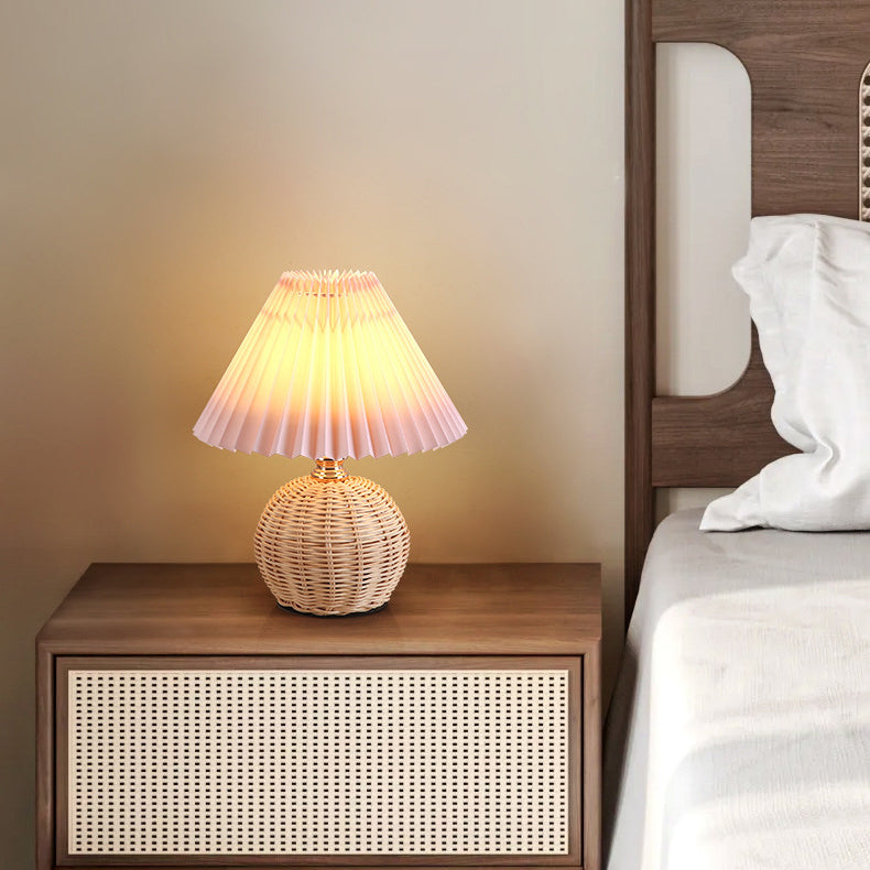 Pleated Rattan LED Table Lamp for Bedroom