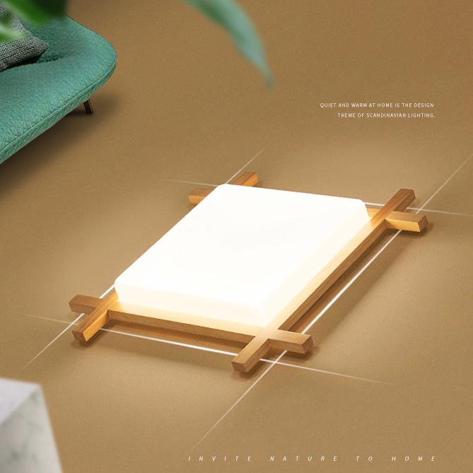 Japanese Wood Square LED Flush Mount Ceiling Light for Bedroom