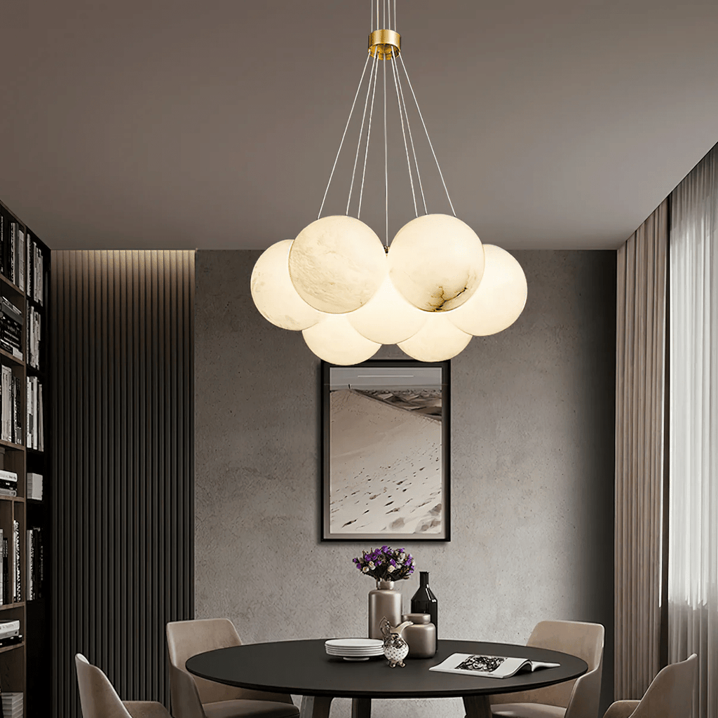 Alabaster Balls Chandelier — Curved Stone Globe Ceiling Light for Living Room