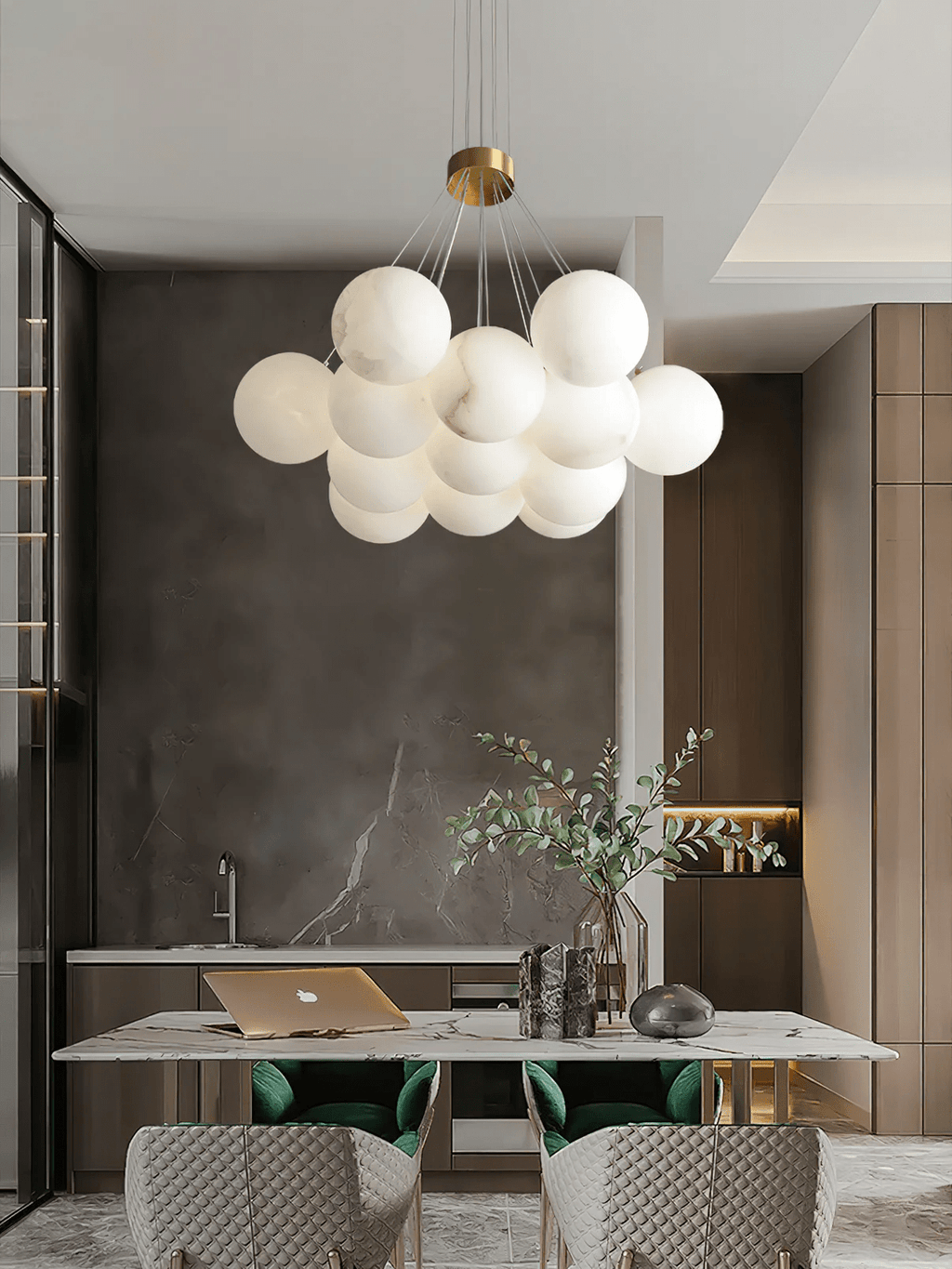 Alabaster Balls Chandelier — Curved Stone Globe Ceiling Light for Living Room