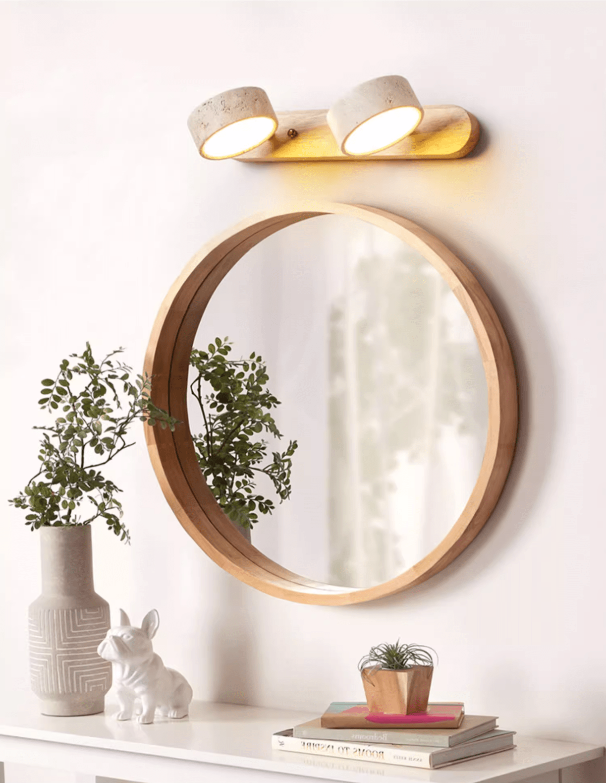 Travertine Duo Wall Light — Natural Stone & Wood Wall Sconce for Bedroom