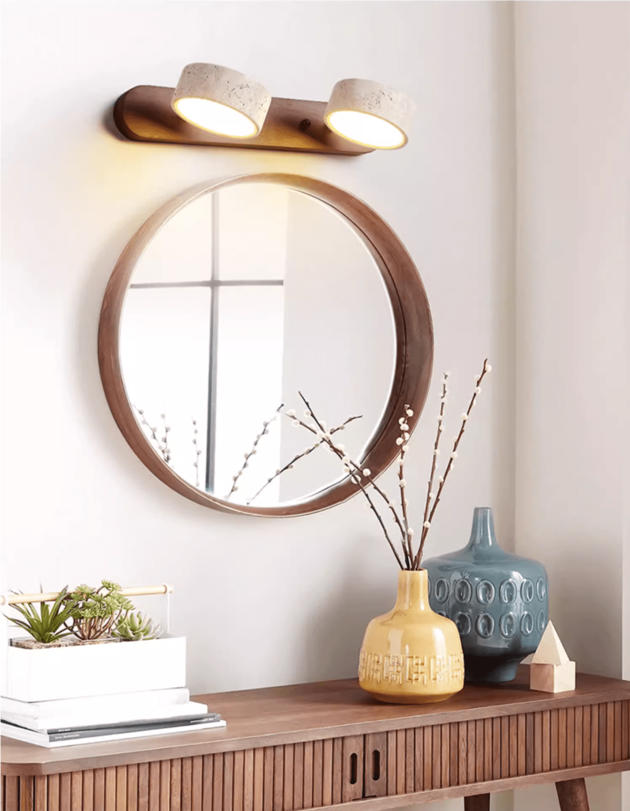 Travertine Duo Wall Light — Natural Stone & Wood Wall Sconce for Bedroom