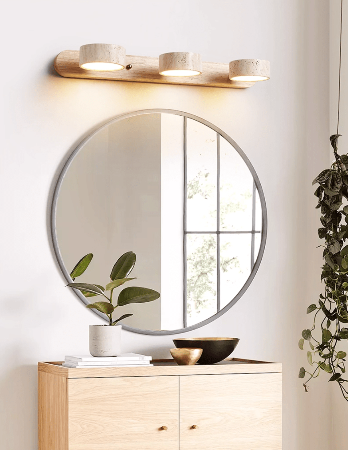 Travertine Duo Wall Light — Natural Stone & Wood Wall Sconce for Bedroom