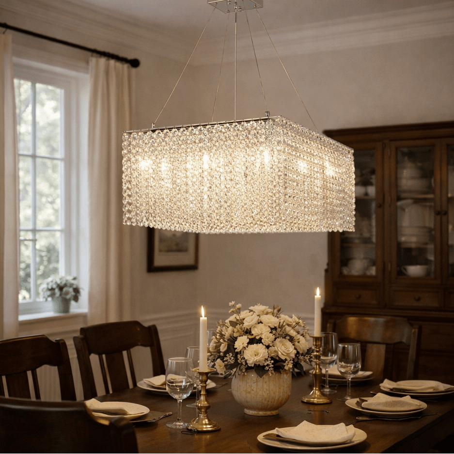 Crystal Frame Chandelier — Rectangular Crystal Ceiling Light for Dining Room