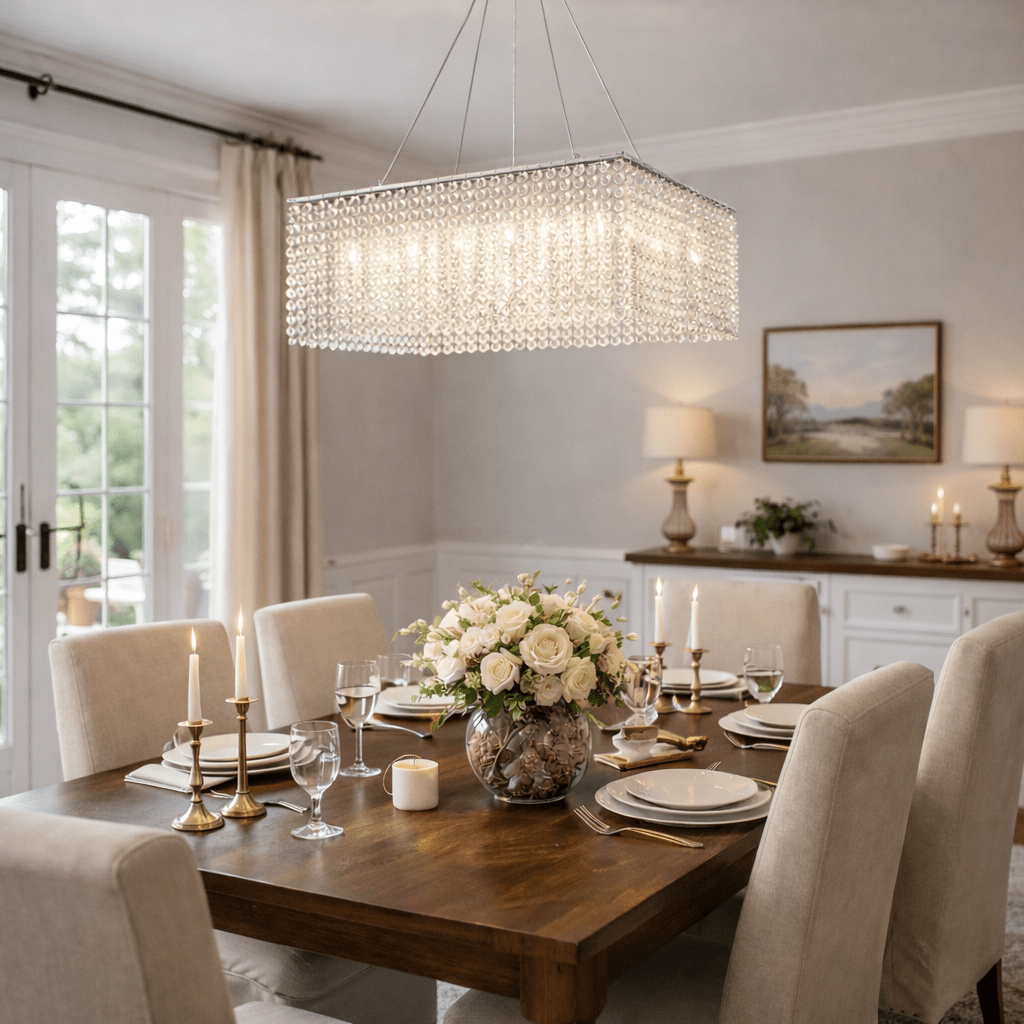 Crystal Frame Chandelier — Rectangular Crystal Ceiling Light for Dining Room