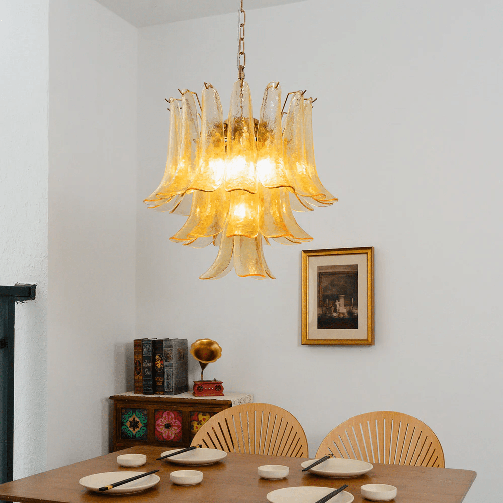 Amber Cascade Glass Chandelier — Tiered Amber Glass Ceiling Light for Dining Room