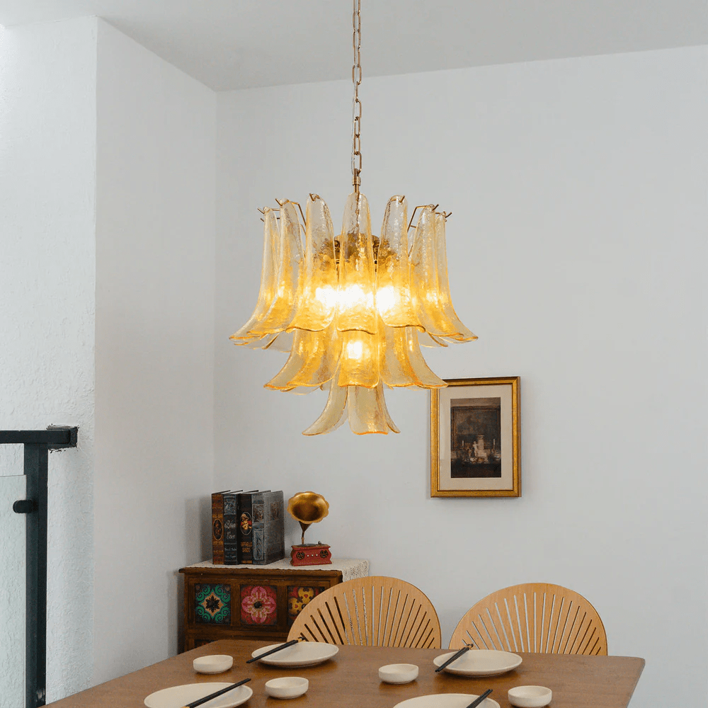 Amber Cascade Glass Chandelier — Tiered Amber Glass Ceiling Light for Dining Room