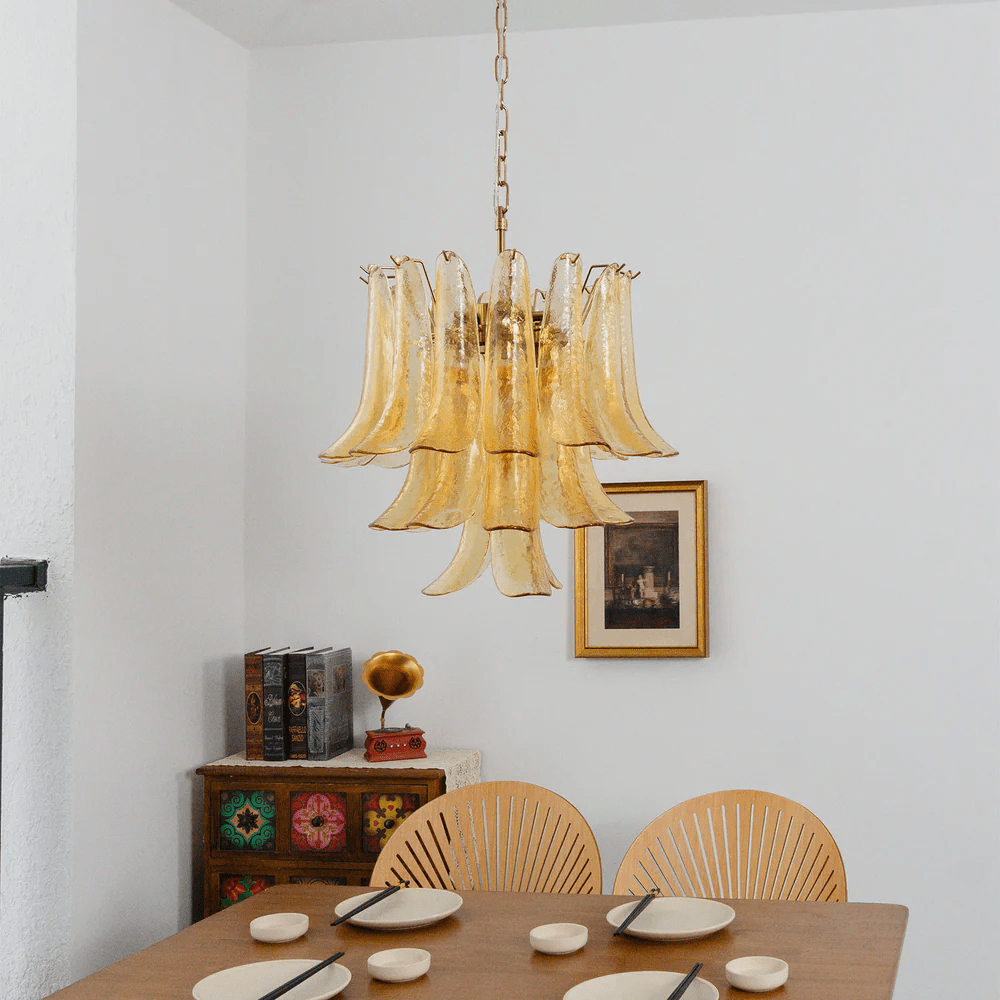 Amber Cascade Glass Chandelier — Tiered Amber Glass Ceiling Light for Dining Room