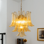 Amber Cascade Glass Chandelier — Tiered Amber Glass Ceiling Light for Dining Room