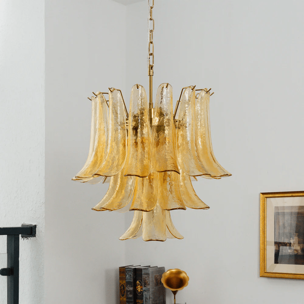 Amber Cascade Glass Chandelier — Tiered Amber Glass Ceiling Light for Dining Room