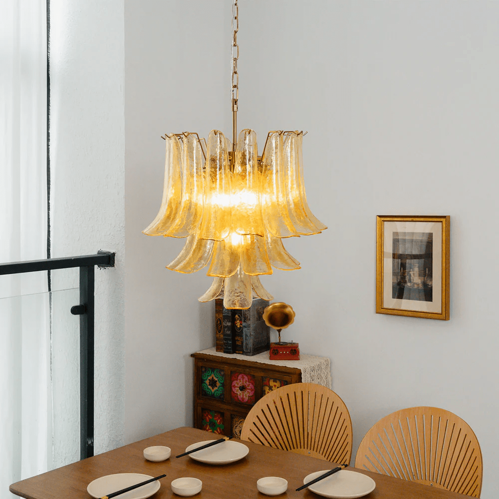 Amber Cascade Glass Chandelier — Tiered Amber Glass Ceiling Light for Dining Room