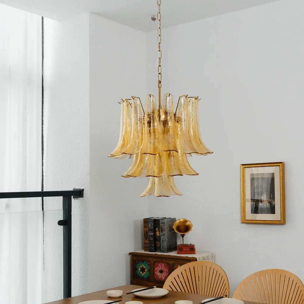 Amber Cascade Glass Chandelier — Tiered Amber Glass Ceiling Light for Dining Room