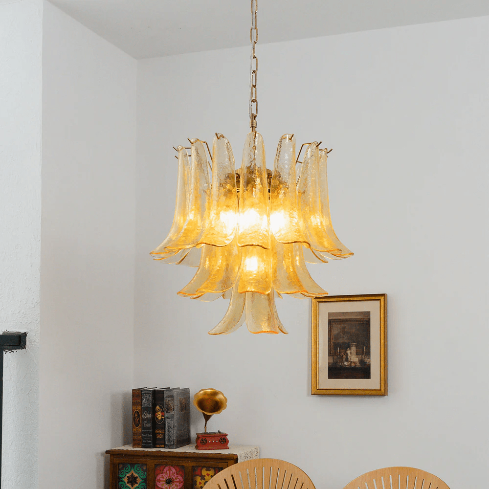 Amber Cascade Glass Chandelier — Tiered Amber Glass Ceiling Light for Dining Room