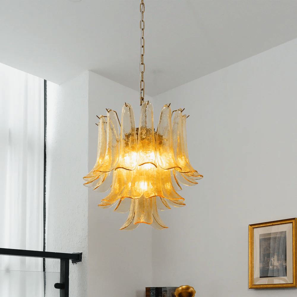 Amber Cascade Glass Chandelier — Tiered Amber Glass Ceiling Light for Dining Room