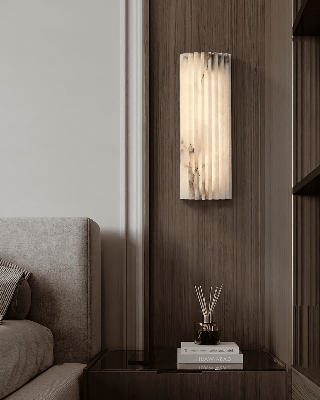 Alvia Alabaster Wall Light — Ribbed Stone Wall Sconce for Bedroom & Hallway