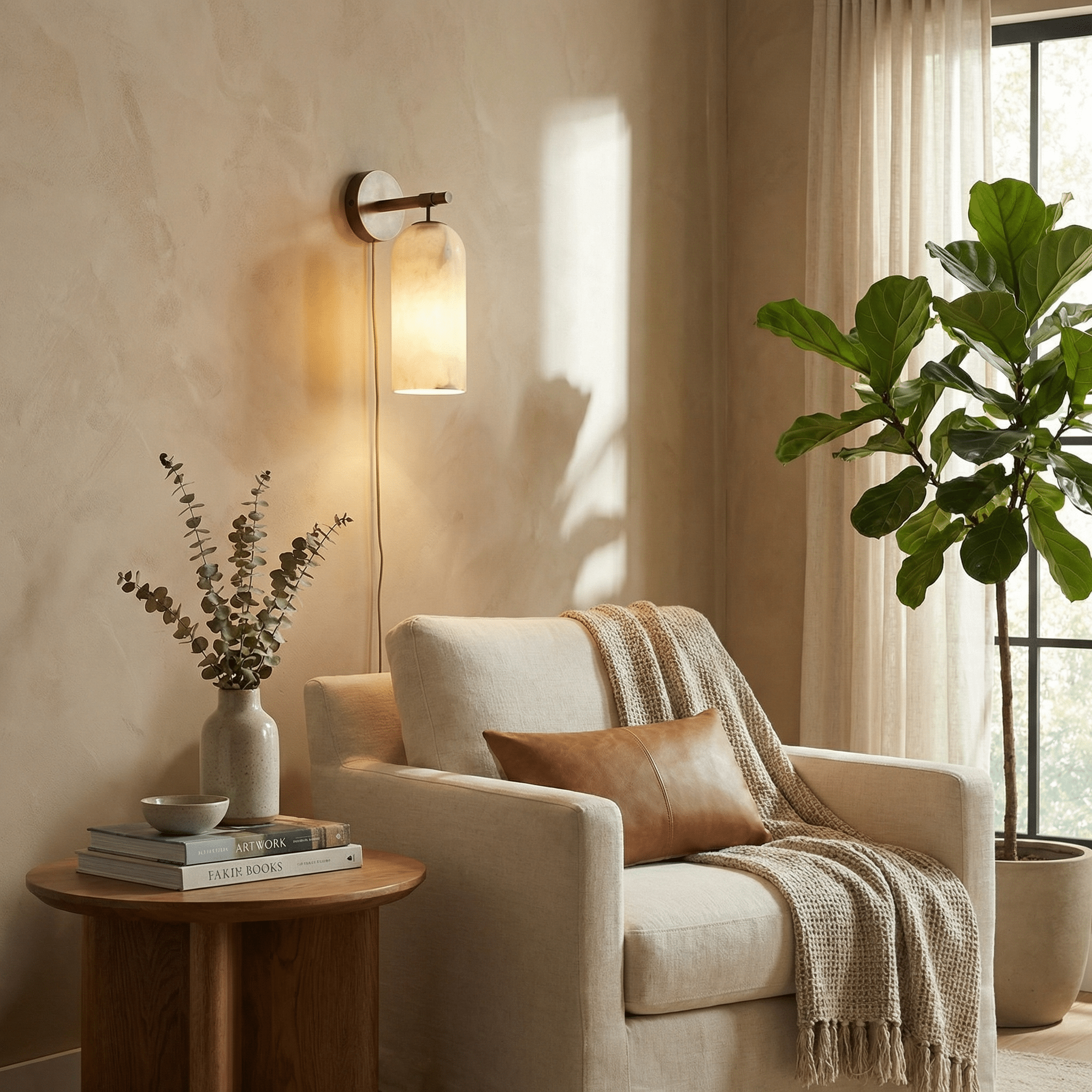 Pillar Alabaster Plug-in Wall Sconce — Plug-In Stone Wall Light for Bedroom