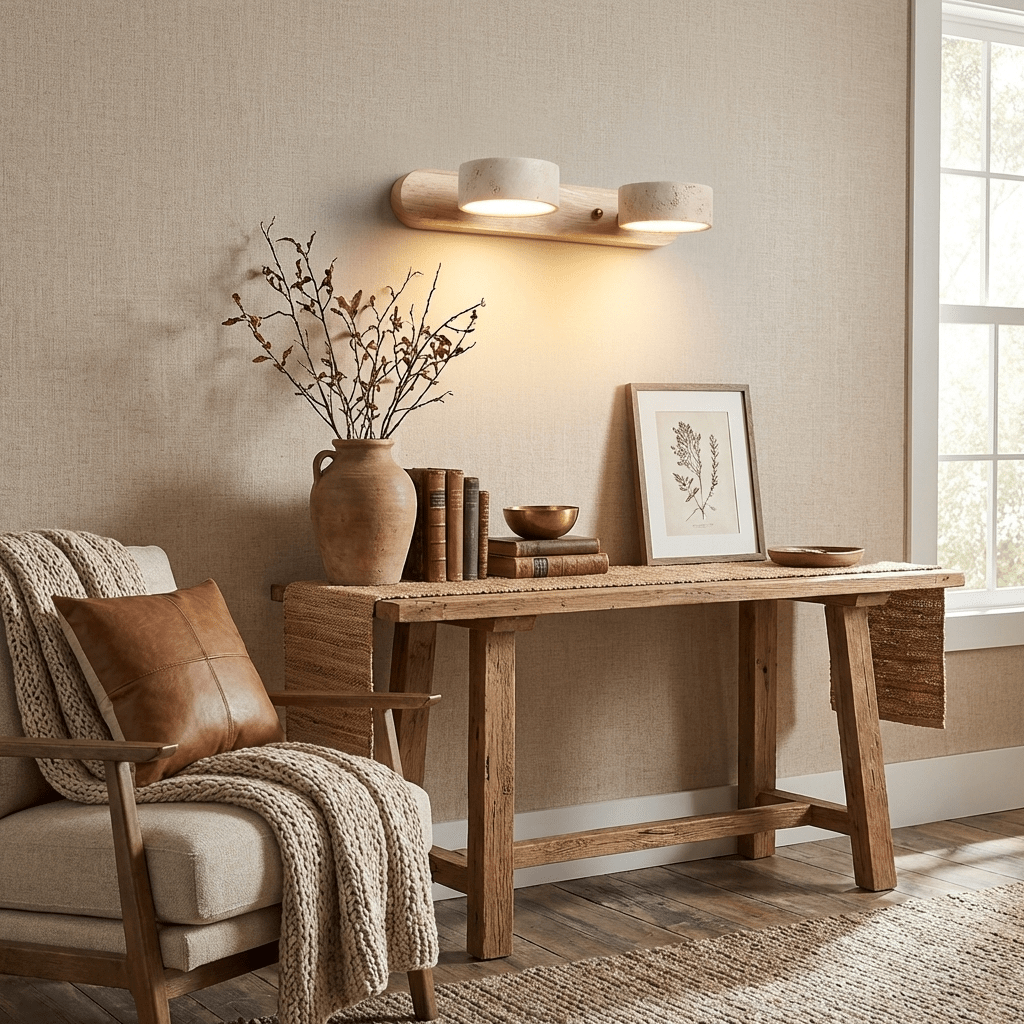 Travertine Duo Wall Light — Natural Stone & Wood Wall Sconce for Bedroom