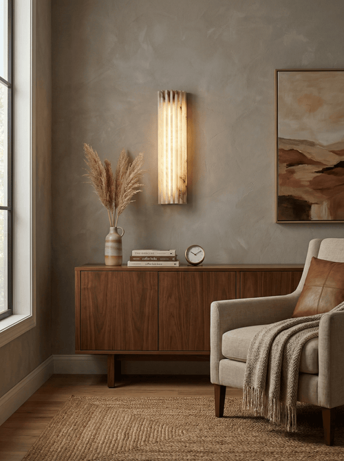 Alvia Alabaster Wall Light — Ribbed Stone Wall Sconce for Bedroom & Hallway