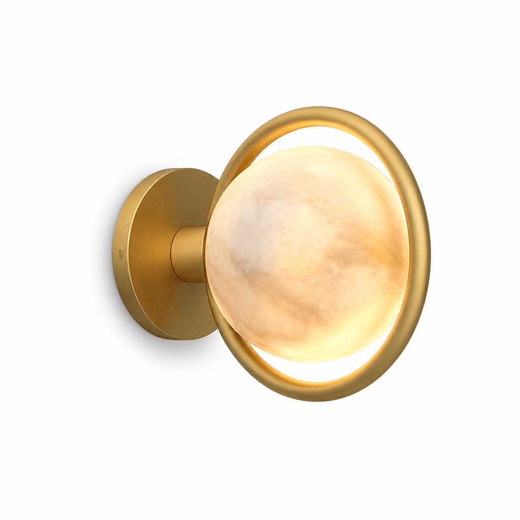 Celestial Ring Alabaster Wall Lamp — Brass Ring Stone Wall Light for Bedroom