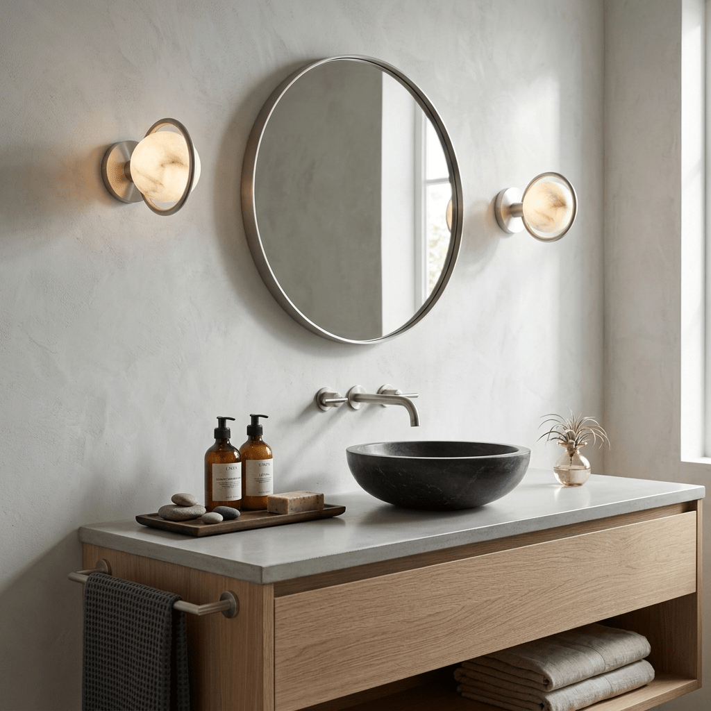 Celestial Ring Alabaster Wall Lamp — Brass Ring Stone Wall Light for Bedroom