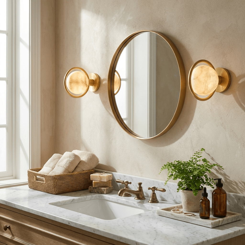 Celestial Ring Alabaster Wall Lamp — Brass Ring Stone Wall Light for Bedroom