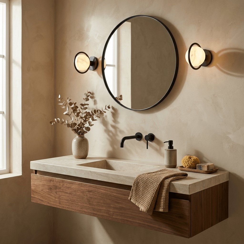 Celestial Ring Alabaster Wall Lamp — Brass Ring Stone Wall Light for Bedroom