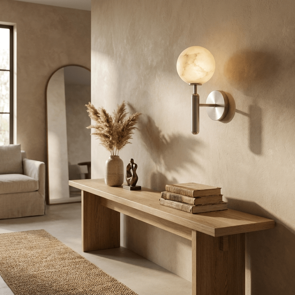 Globe Alabaster Wall Sconce — Stone Sphere Wall Light for Bedroom & Hallway