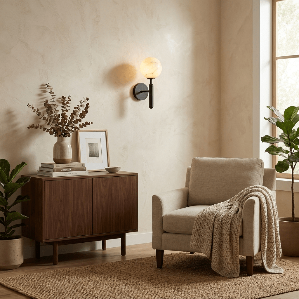 Globe Alabaster Wall Sconce — Stone Sphere Wall Light for Bedroom & Hallway