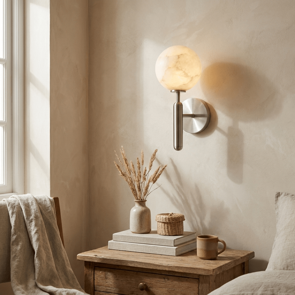 Globe Alabaster Wall Sconce — Stone Sphere Wall Light for Bedroom & Hallway