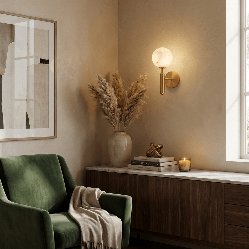 Globe Alabaster Wall Sconce — Stone Sphere Wall Light for Bedroom & Hallway