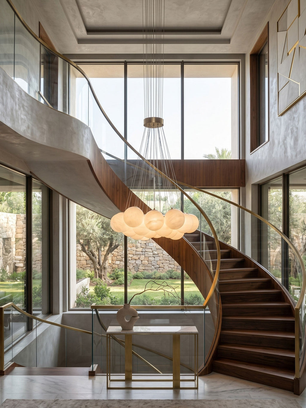 Alabaster Balls Chandelier — Curved Stone Globe Ceiling Light for Living Room