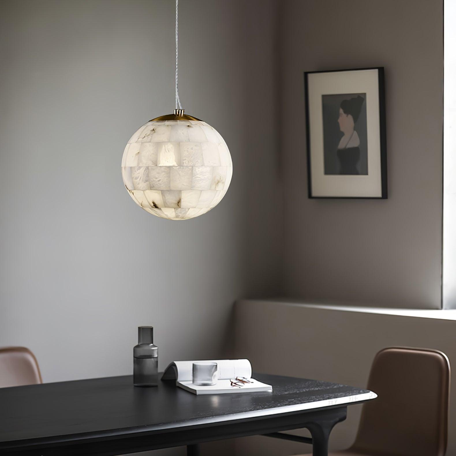 Alabaster Ball Pendant Light — Brass Stone Globe Hanging Lamp for Kitchen Island