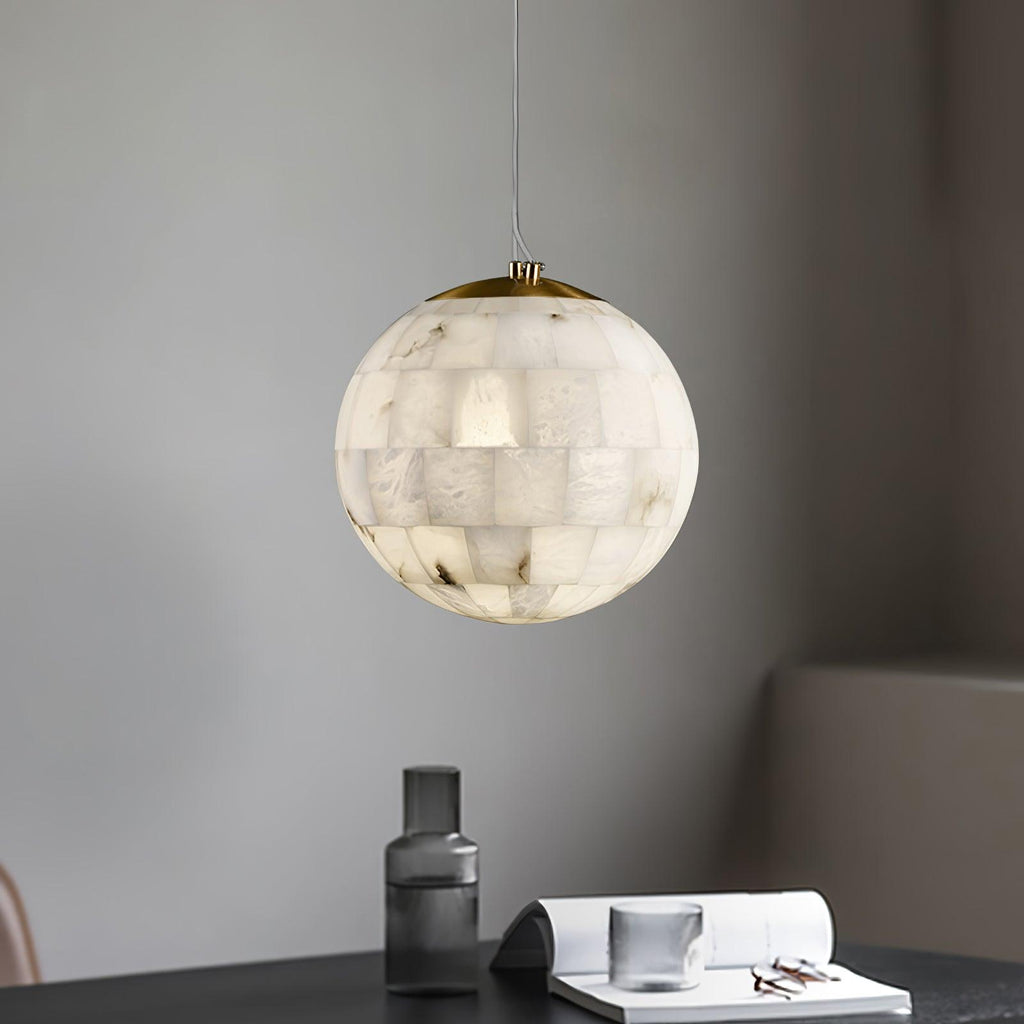 Alabaster Ball Pendant Light — Brass Stone Globe Hanging Lamp for Kitchen Island
