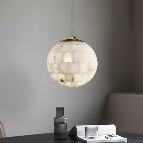 Alabaster Ball Pendant Light — Brass Stone Globe Hanging Lamp for Kitchen Island