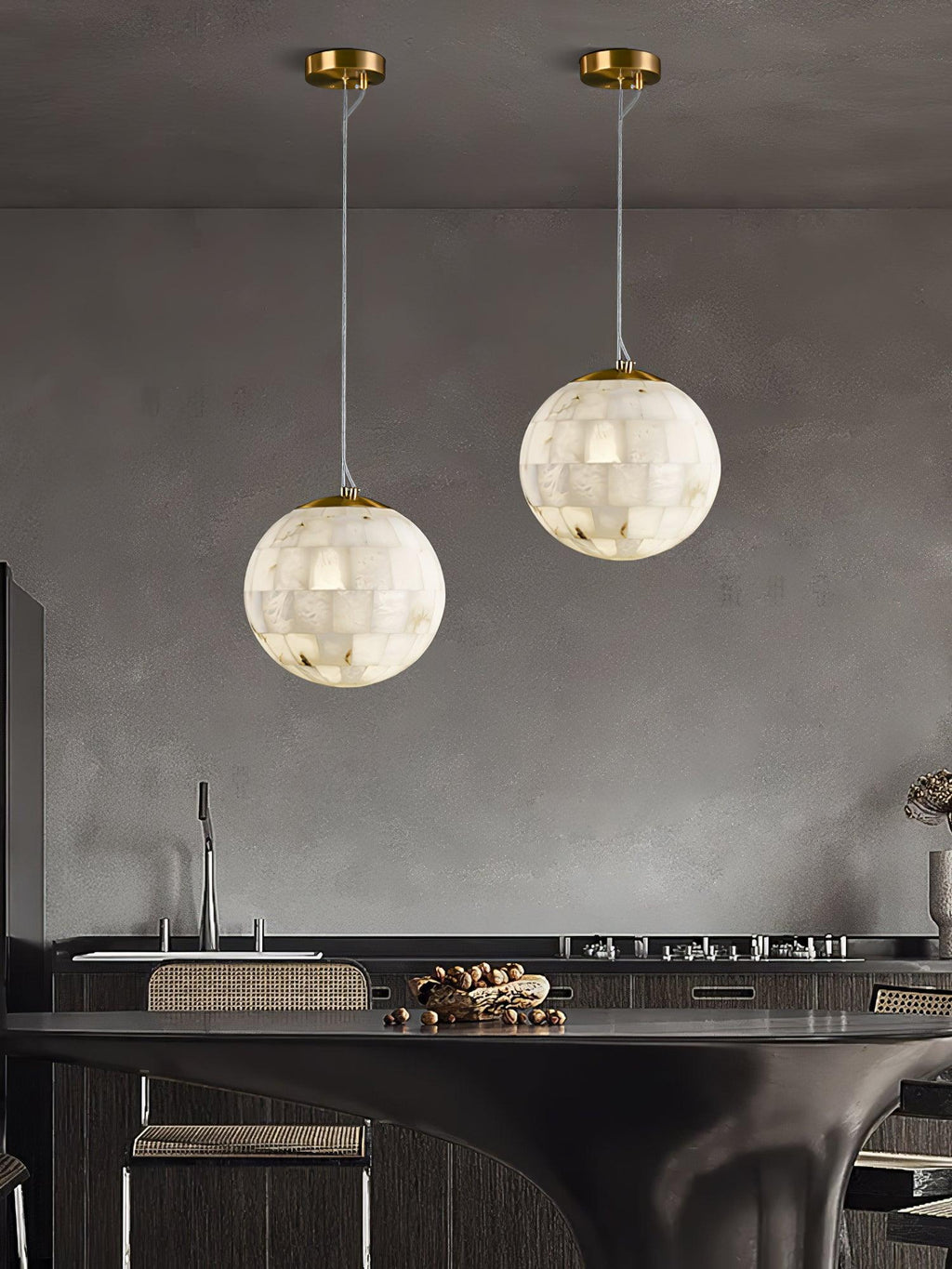 Alabaster Ball Pendant Light — Brass Stone Globe Hanging Lamp for Kitchen Island