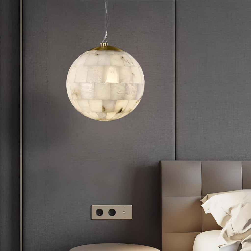 Alabaster Ball Pendant Light — Brass Stone Globe Hanging Lamp for Kitchen Island