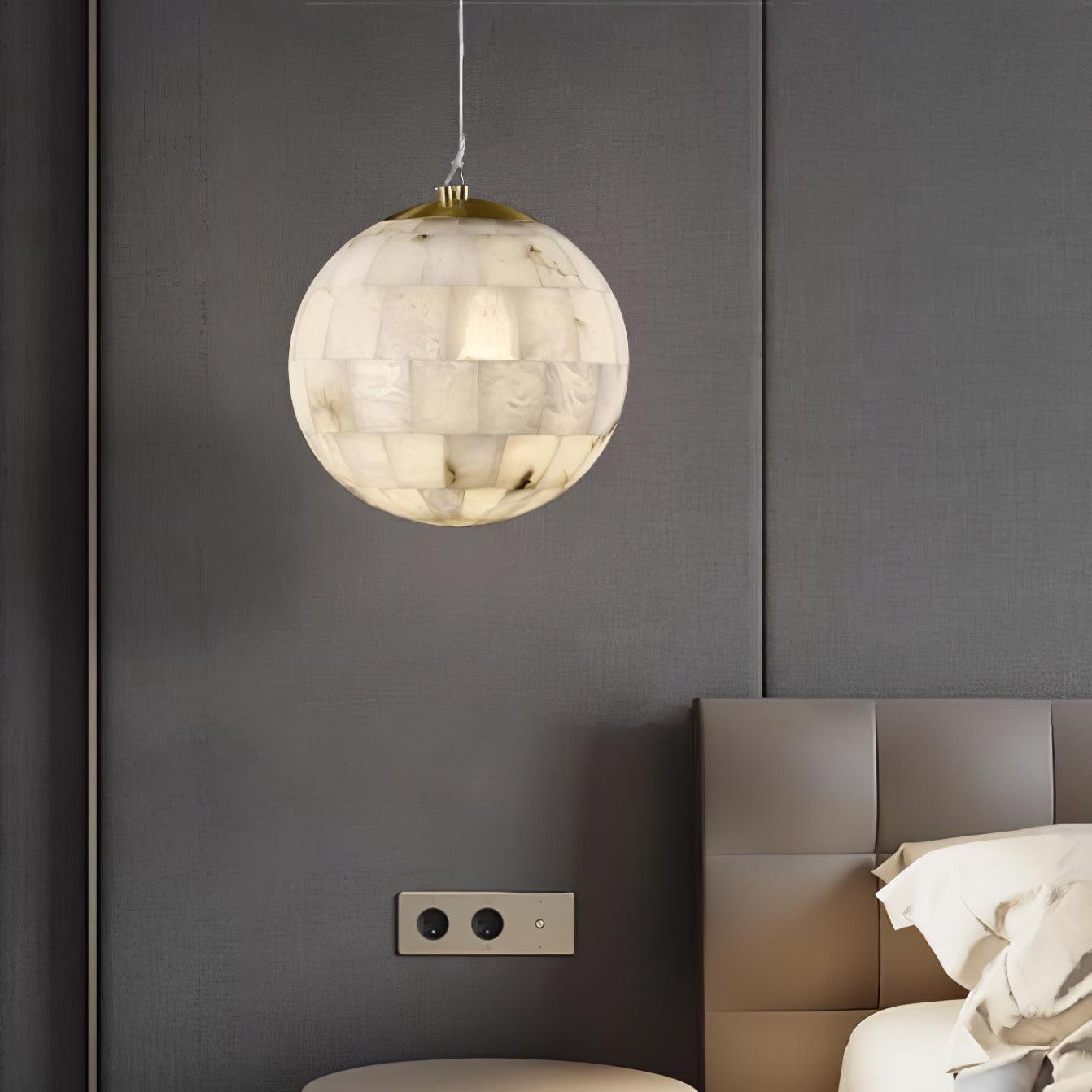 Alabaster Ball Pendant Light — Brass Stone Globe Hanging Lamp for Kitchen Island